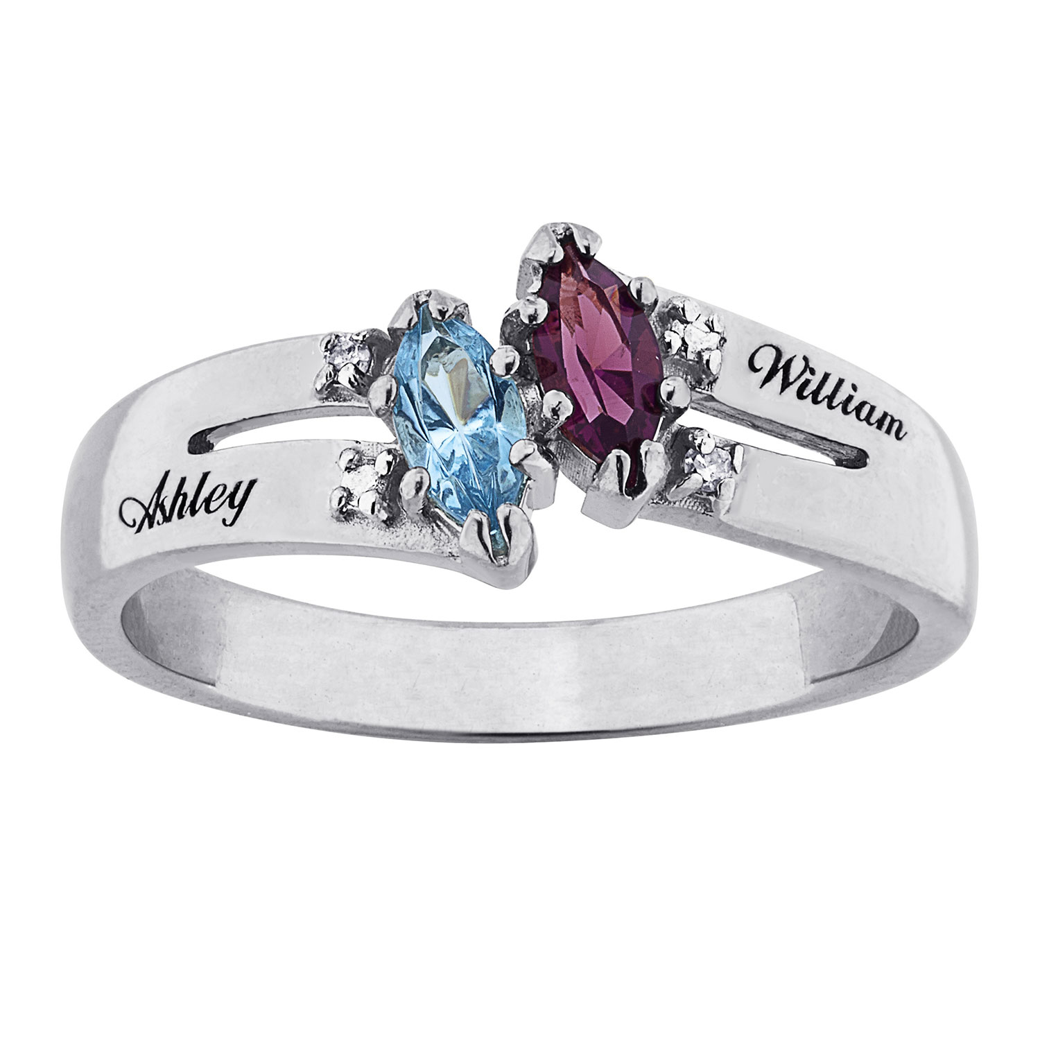 10K White Gold Couples Marquise Birthstone Name Ring with Diamond