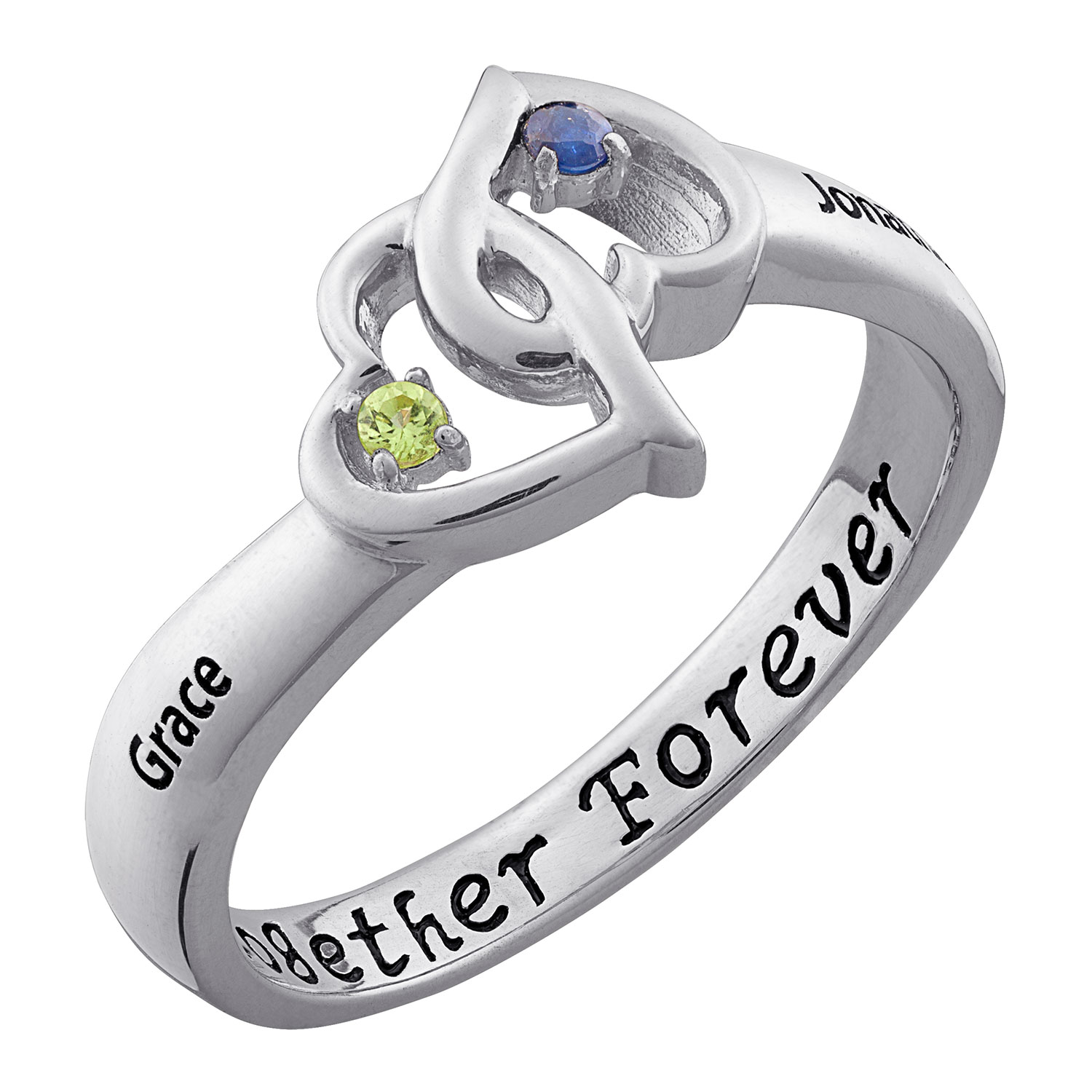 Sterling Silver Couple's Entwined Hearts Birthstone & Name Ring 38466